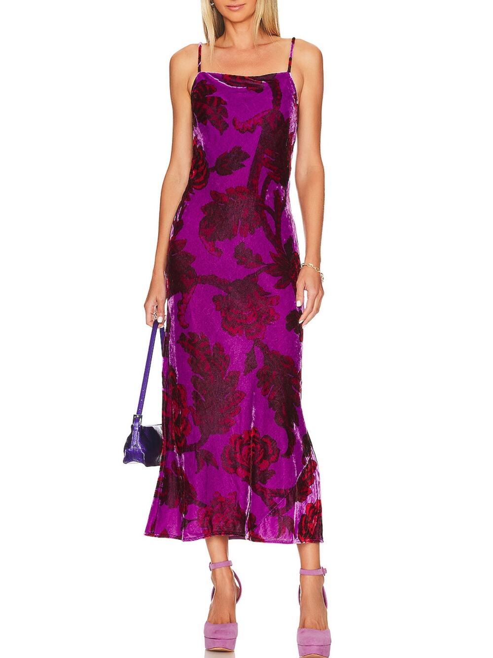 Rhode Midi Slip Dress Jemima Purple Velvet Floral Camellia Vine Crocus